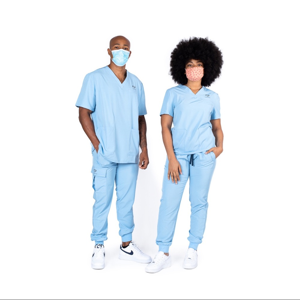 Baby blue scrubs. Available for men and women
